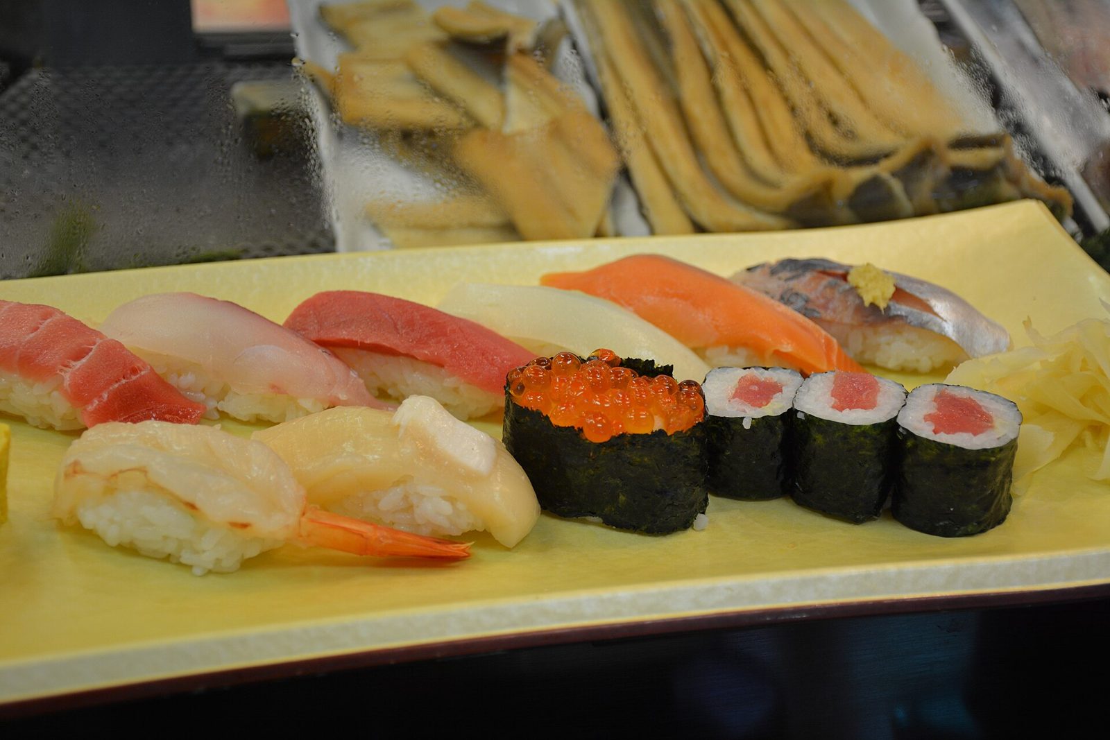 A plate of fresh nigiri sushi at Sushi Zanmai